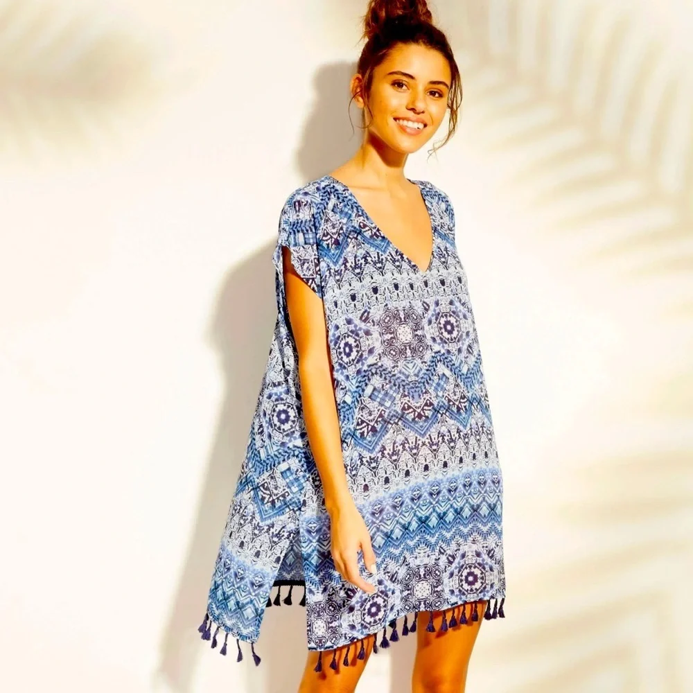 Cover2Cover Women’s Tassle Trim Poncho Patterned Sheer Swim Knee Length Cover-up - Picture 1 of 9